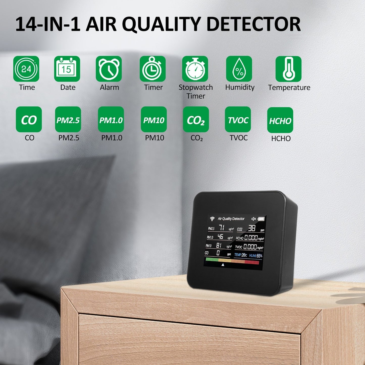 14-in-1 WiFi Indoor Air Quality Monitor with CO₂/CO/TVOC/HCHO Detection, Temperature & Humidity Sensors, 2.8-inch TFT Display, App Control & Timer Functions