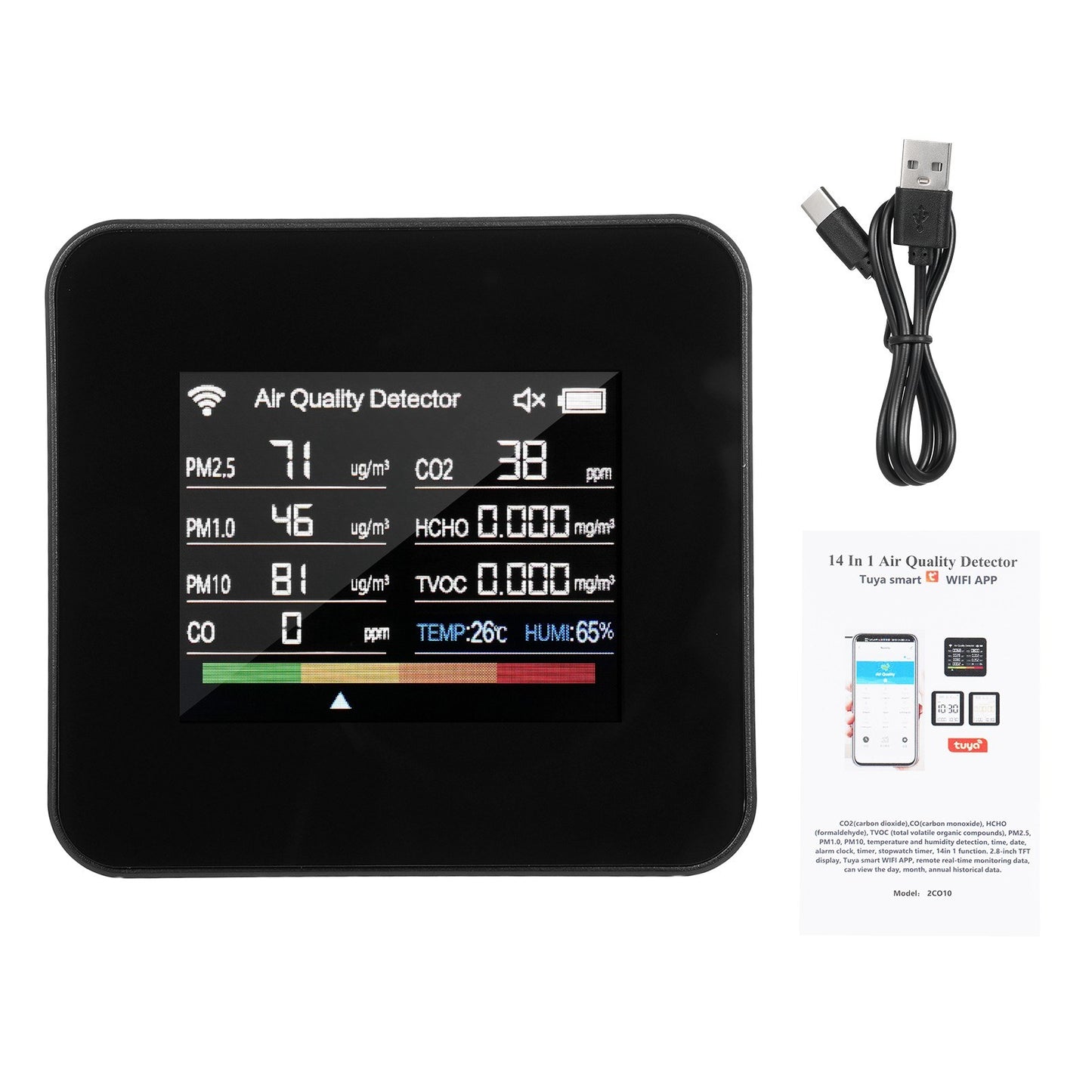 14-in-1 WiFi Indoor Air Quality Monitor with CO₂/CO/TVOC/HCHO Detection, Temperature & Humidity Sensors, 2.8-inch TFT Display, App Control & Timer Functions