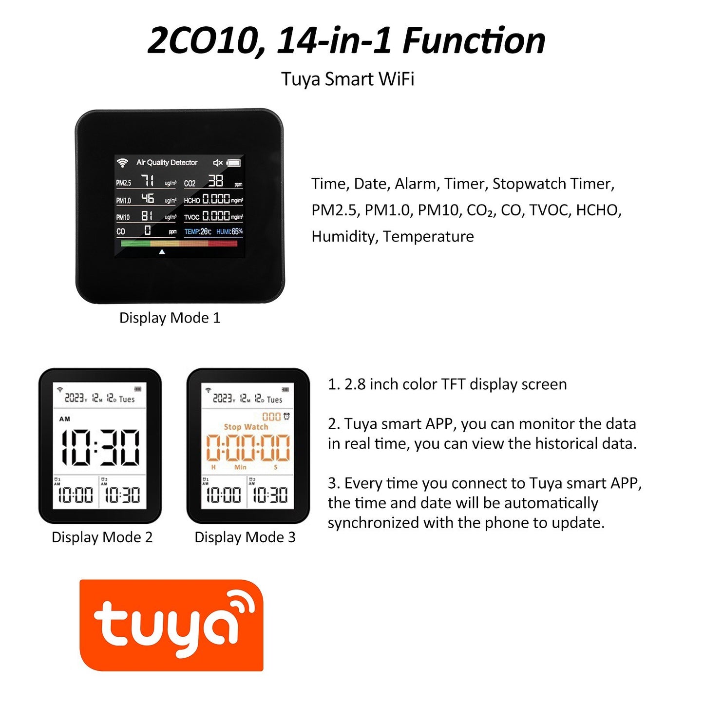 14-in-1 WiFi Indoor Air Quality Monitor with CO₂/CO/TVOC/HCHO Detection, Temperature & Humidity Sensors, 2.8-inch TFT Display, App Control & Timer Functions