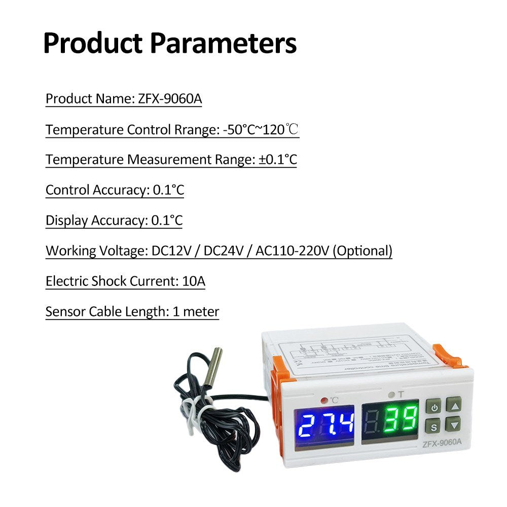 ZFX-9060A Digital Temperature Controller: Intelligent DC12V 10A Thermostat with Heating/Cooling, Temp Correction, Data Locks, High/Low Temp Alarm