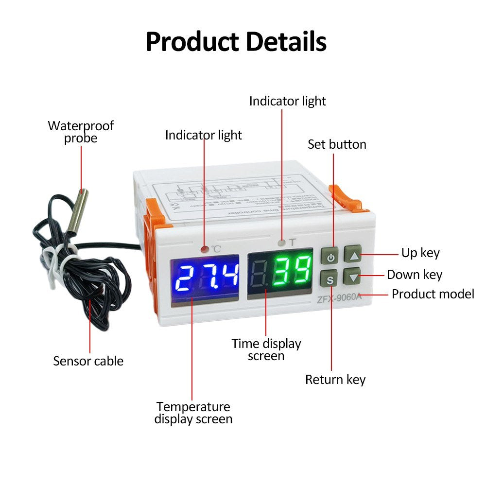 ZFX-9060A Digital Temperature Controller: Intelligent DC12V 10A Thermostat with Heating/Cooling, Temp Correction, Data Locks, High/Low Temp Alarm