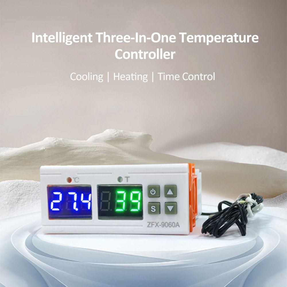 ZFX-9060A Digital Temperature Controller: Intelligent DC12V 10A Thermostat with Heating/Cooling, Temp Correction, Data Locks, High/Low Temp Alarm