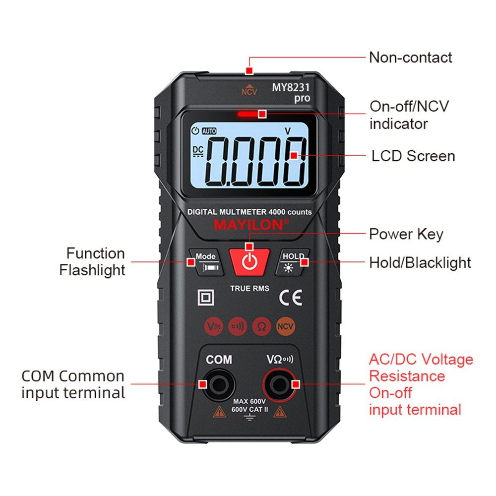 MAYILON Digital Multimeter with NCV Detection, TRMS 4000 Counts, Auto/Manual Mode, Backlit LCD, Data Hold, AC/DC Voltage & Resistance Testing
