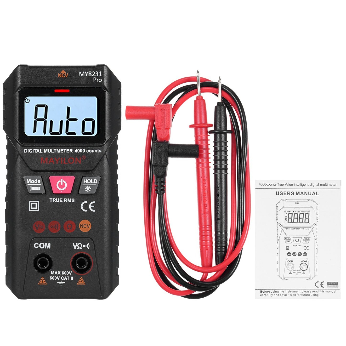 MAYILON Digital Multimeter with NCV Detection, TRMS 4000 Counts, Auto/Manual Mode, Backlit LCD, Data Hold, AC/DC Voltage & Resistance Testing