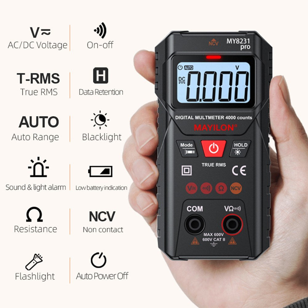 MAYILON Digital Multimeter with NCV Detection, TRMS 4000 Counts, Auto/Manual Mode, Backlit LCD, Data Hold, AC/DC Voltage & Resistance Testing