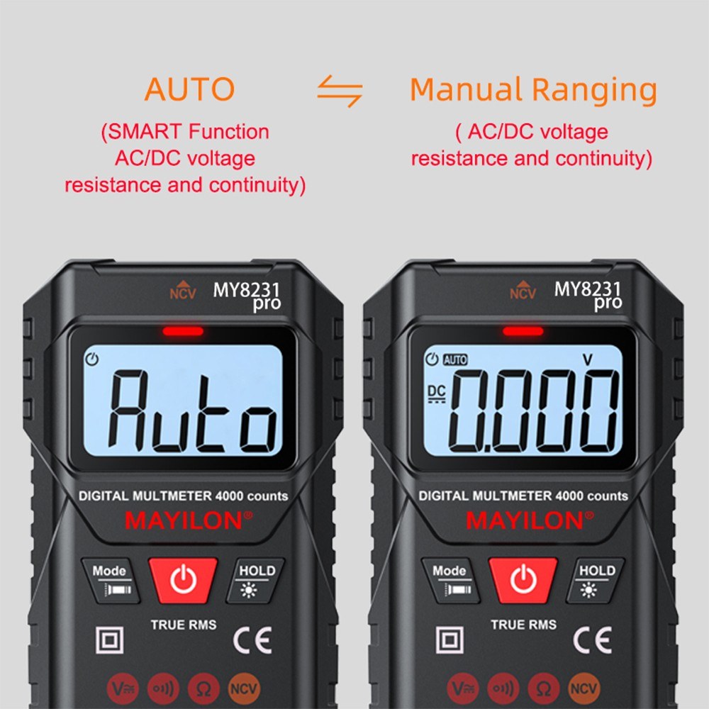 MAYILON Digital Multimeter with NCV Detection, TRMS 4000 Counts, Auto/Manual Mode, Backlit LCD, Data Hold, AC/DC Voltage & Resistance Testing