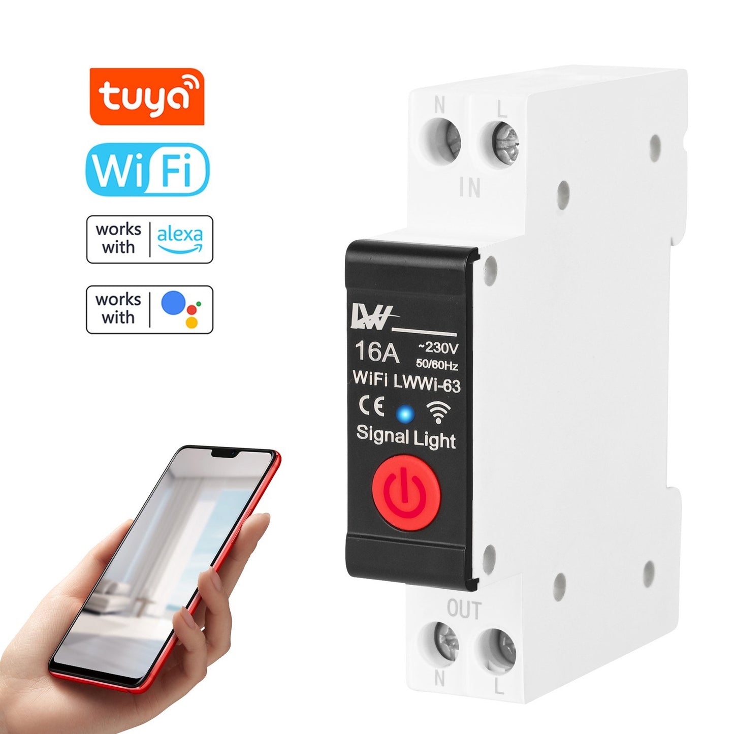WiFi Smart Circuit Breaker with Energy Monitoring, Tuya App Remote Control, Alexa & Google Assistant Compatible, 16A