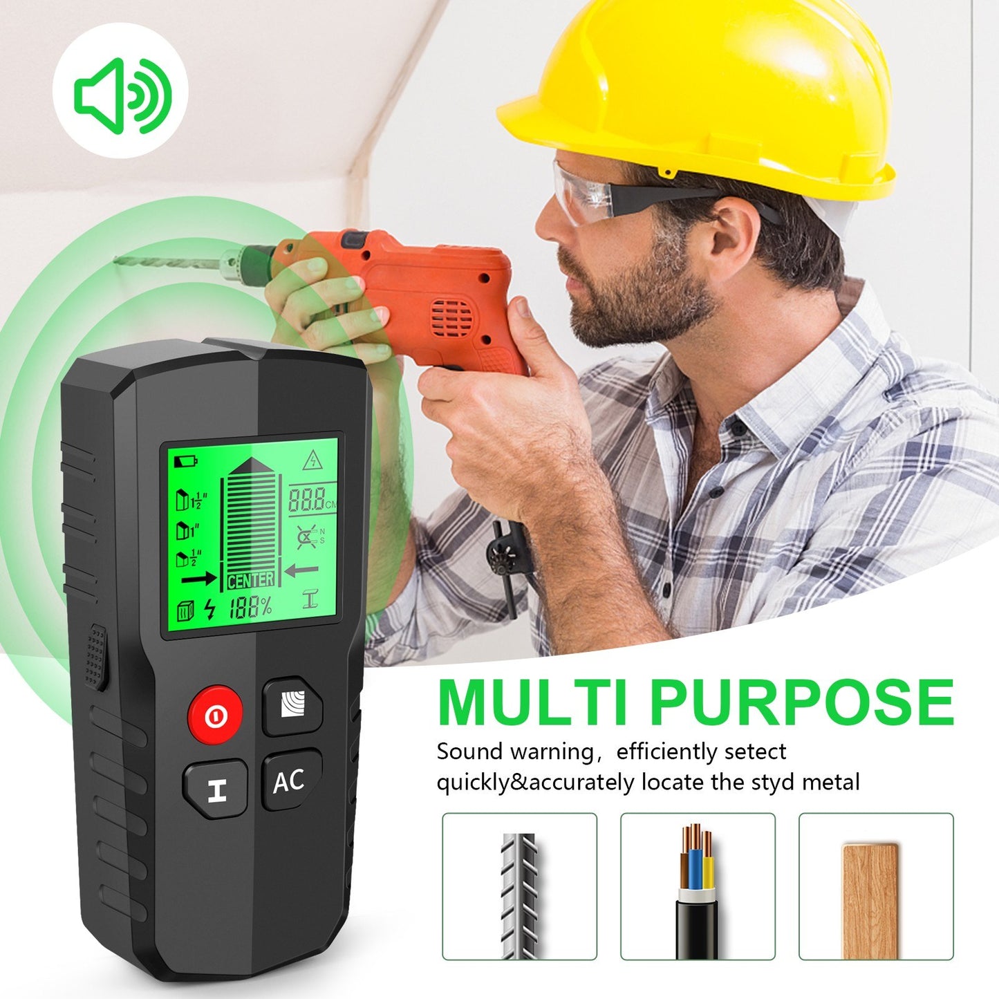 Digital Wall Detector: 5-Mode LCD Display for Stud, Metal, and AC Cable Scanning