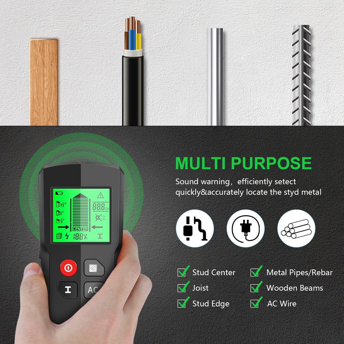 Digital Wall Detector: 5-Mode LCD Display for Stud, Metal, and AC Cable Scanning