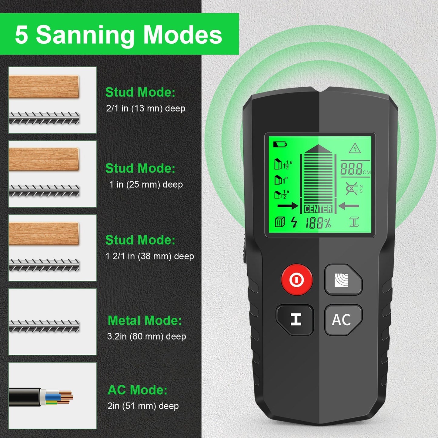 Digital Wall Detector: 5-Mode LCD Display for Stud, Metal, and AC Cable Scanning