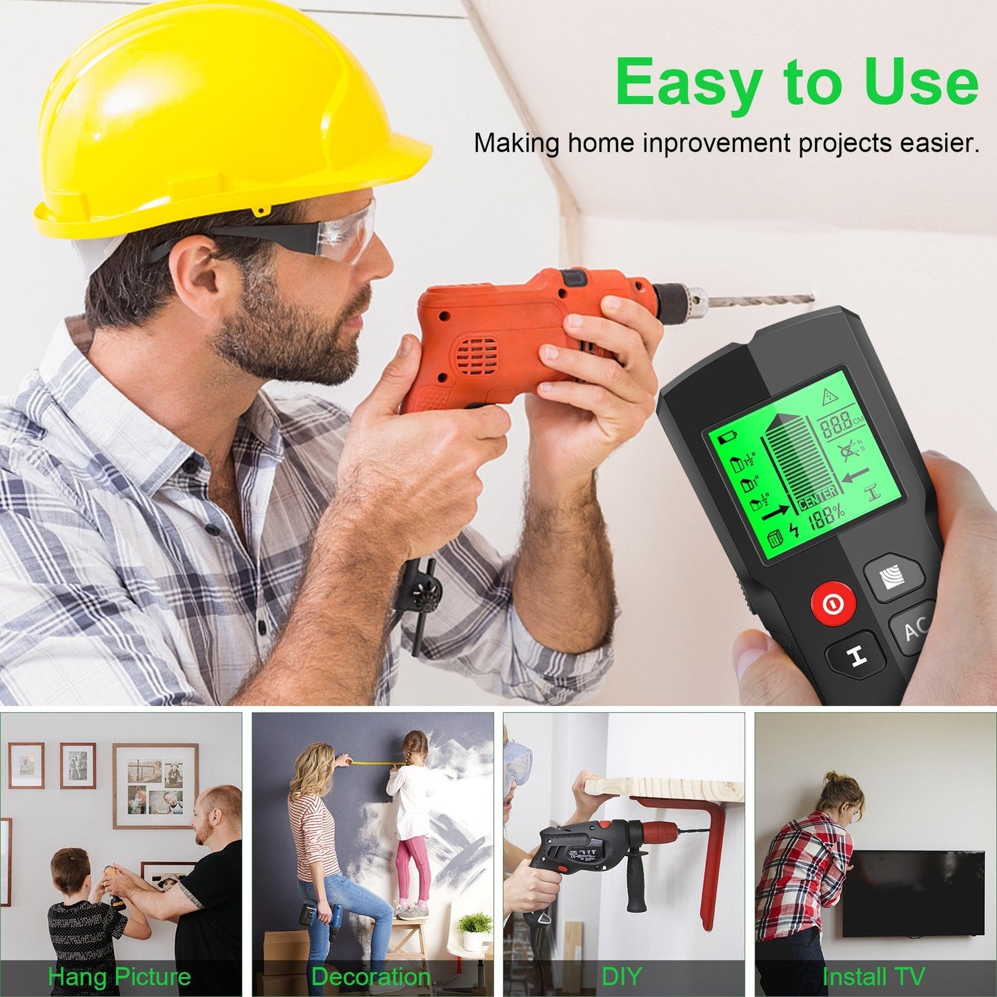 Digital Wall Detector: 5-Mode LCD Display for Stud, Metal, and AC Cable Scanning
