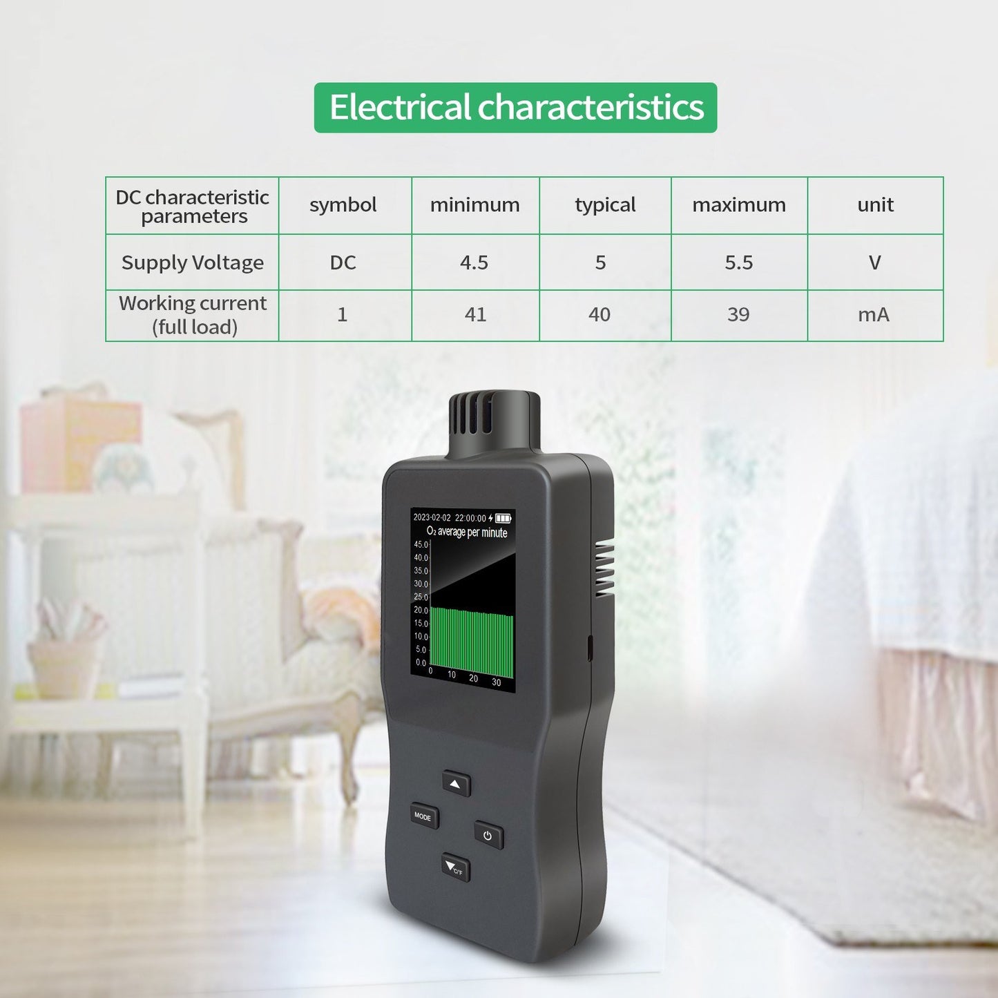 Portable Handheld Digital Oxygen Detector with Alarm, USB Rechargeable 2.8 TFT LCD Oxygen Meter for O₂, Temperature & Humidity - Ideal for Car, Home, Office, School, Hospital