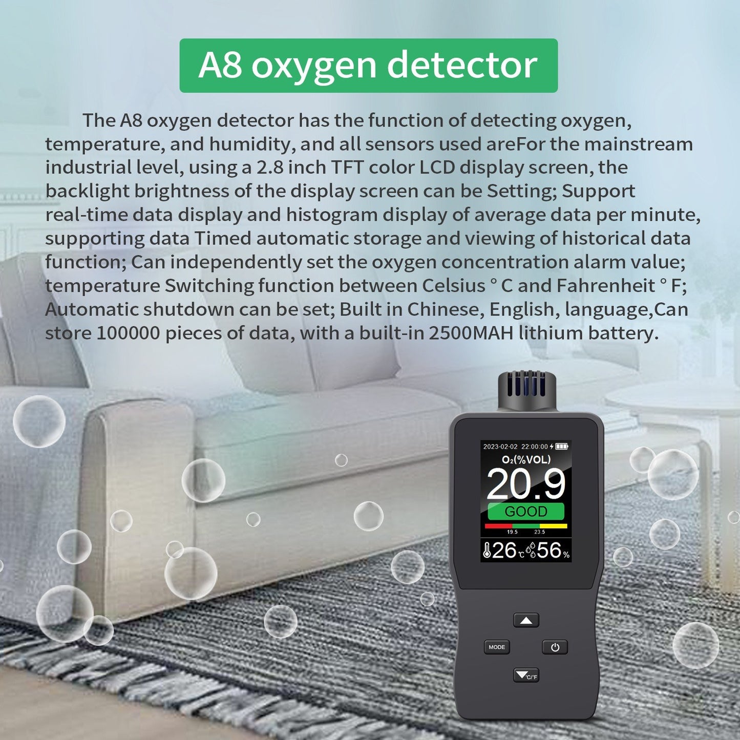 Portable Handheld Digital Oxygen Detector with Alarm, USB Rechargeable 2.8 TFT LCD Oxygen Meter for O₂, Temperature & Humidity - Ideal for Car, Home, Office, School, Hospital