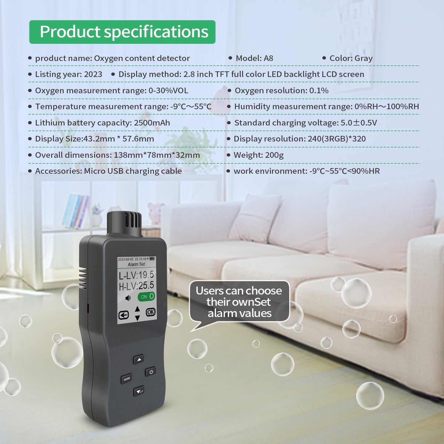 Portable Handheld Digital Oxygen Detector with Alarm, USB Rechargeable 2.8 TFT LCD Oxygen Meter for O₂, Temperature & Humidity - Ideal for Car, Home, Office, School, Hospital