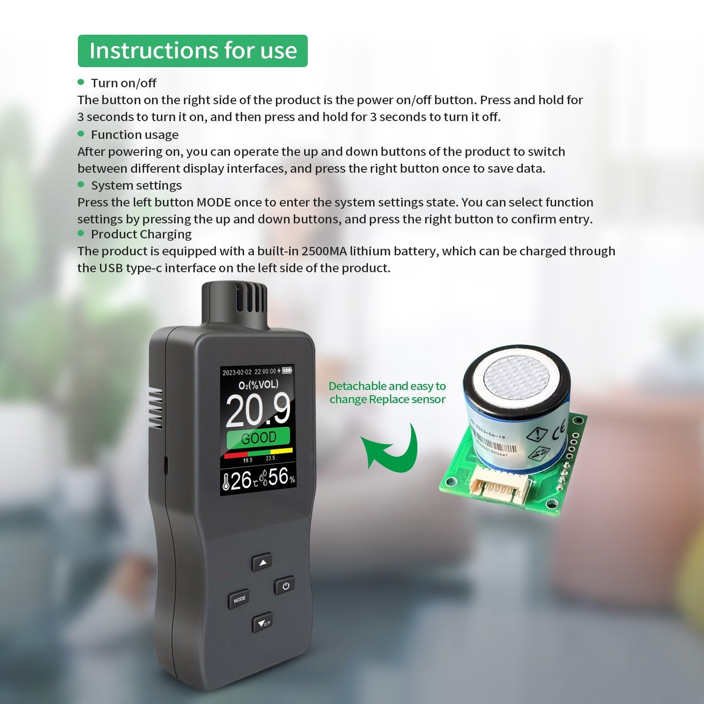 Portable Handheld Digital Oxygen Detector with Alarm, USB Rechargeable 2.8 TFT LCD Oxygen Meter for O₂, Temperature & Humidity - Ideal for Car, Home, Office, School, Hospital
