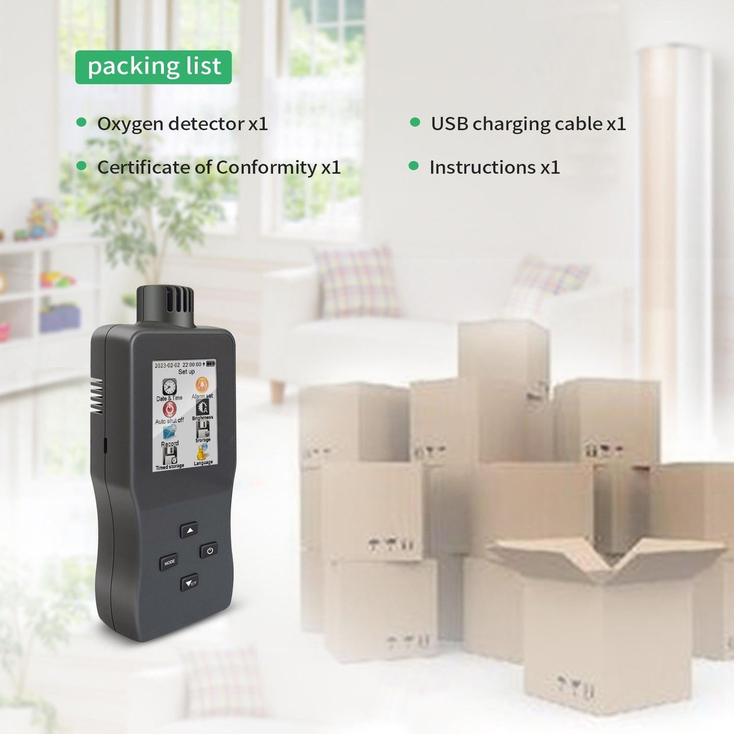 Portable Handheld Digital Oxygen Detector with Alarm, USB Rechargeable 2.8 TFT LCD Oxygen Meter for O₂, Temperature & Humidity - Ideal for Car, Home, Office, School, Hospital
