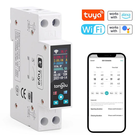 Tongou Tuya WiFi 35mm DIN Rail Smart Circuit Breaker & Energy Meter with Timer, APP Control, Voice Compatibility (Alexa & Assistant), and Prepaid Function