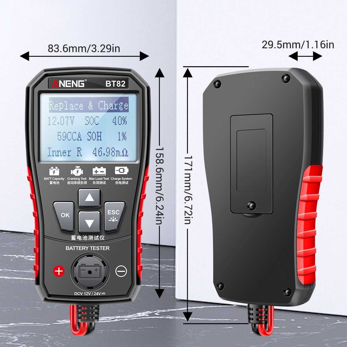 ANENG BT82 Car Battery Analyzer 12V/24V, Portable Digital Tester for Start, Load, and Charging Systems, Clear LCD Display, Auto/Motorcycle Fault Detector