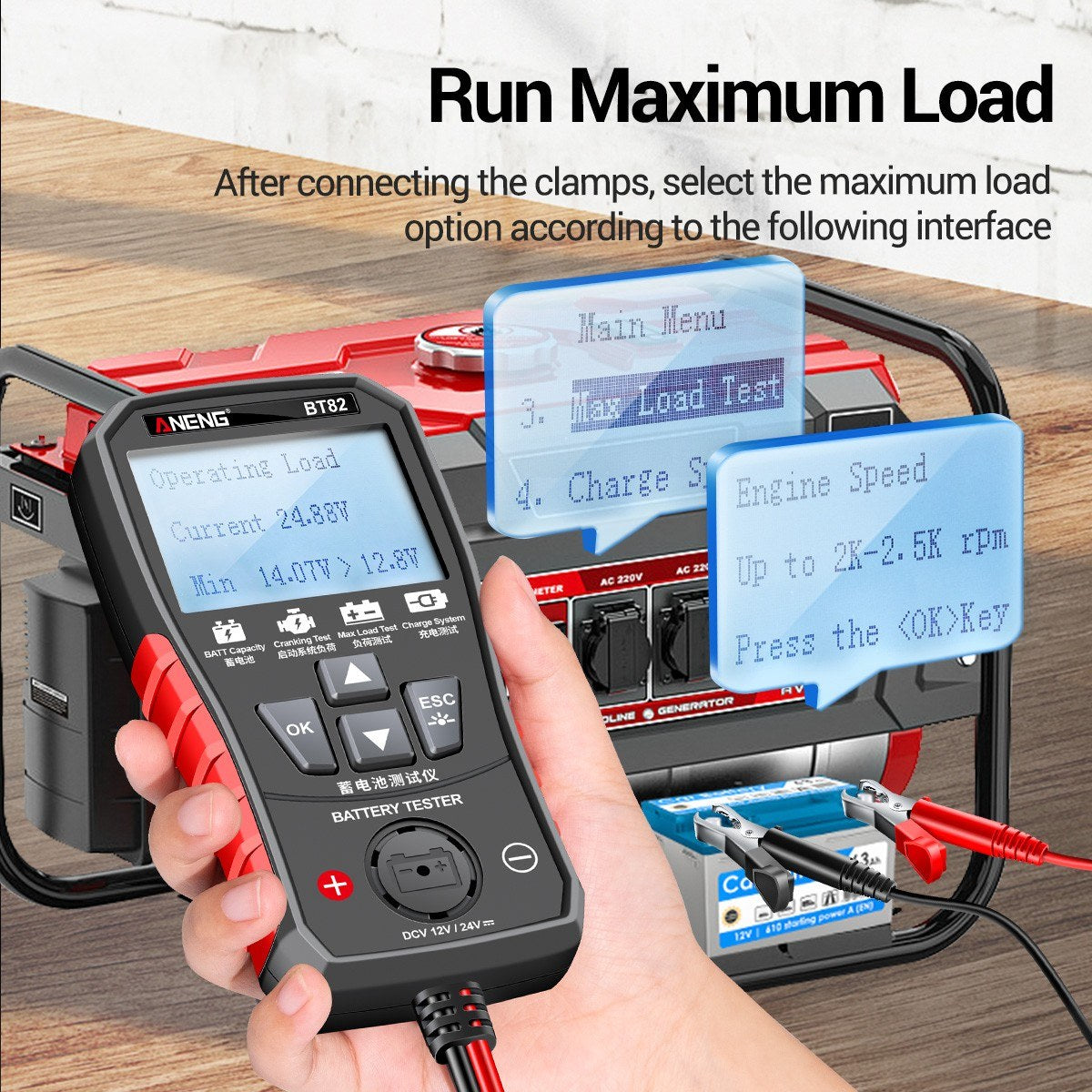 ANENG BT82 Car Battery Analyzer 12V/24V, Portable Digital Tester for Start, Load, and Charging Systems, Clear LCD Display, Auto/Motorcycle Fault Detector