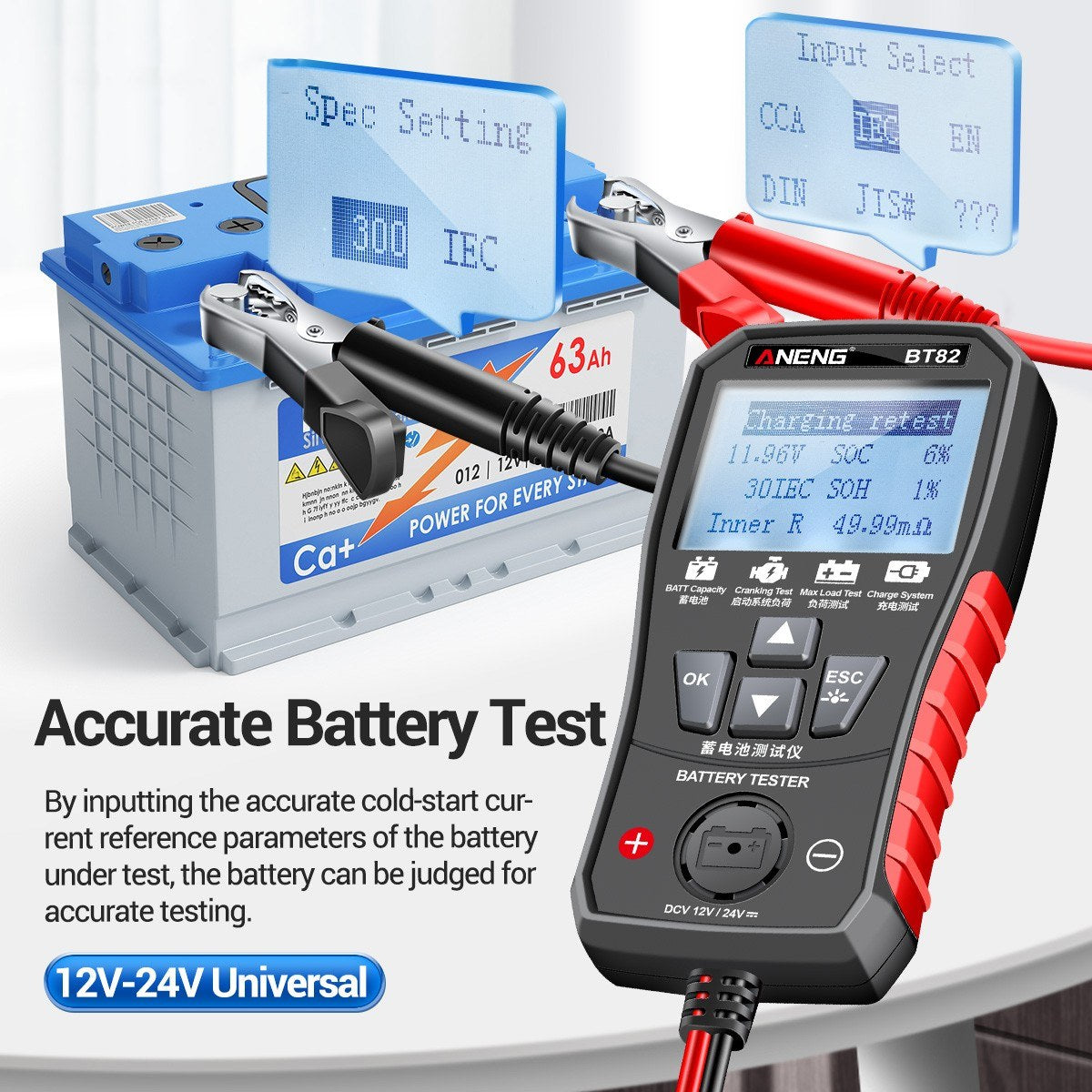 ANENG BT82 Car Battery Analyzer 12V/24V, Portable Digital Tester for Start, Load, and Charging Systems, Clear LCD Display, Auto/Motorcycle Fault Detector