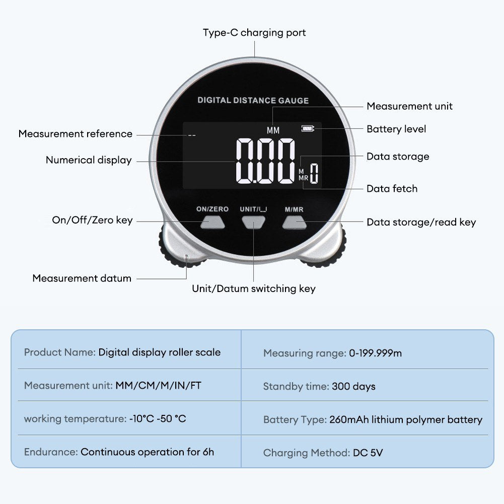 RTO05106 LCD Range Finder: Digital Roller Ruler, 199.999m Measurement, Rechargeable, Long Standby