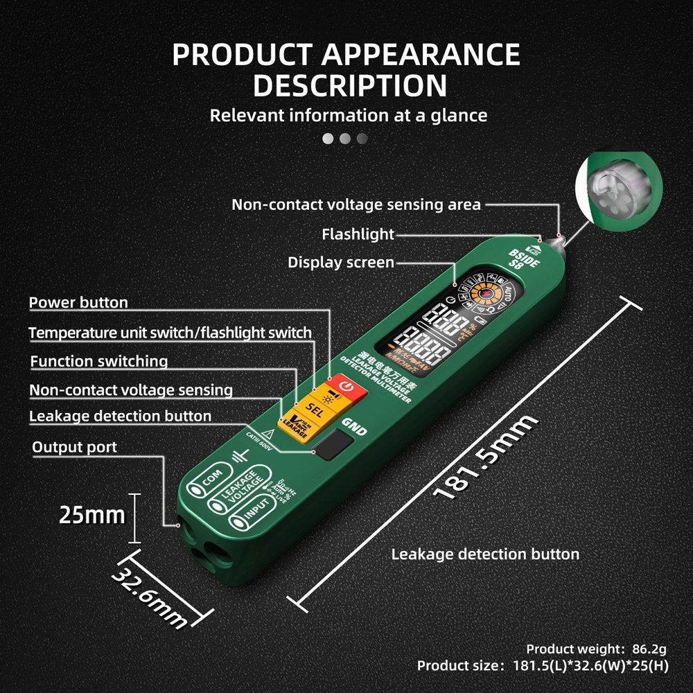 BSIDE S8 3-in-1 Digital Multimeter & Thermometer with EBTN Backlight Display, 6000 Counts
