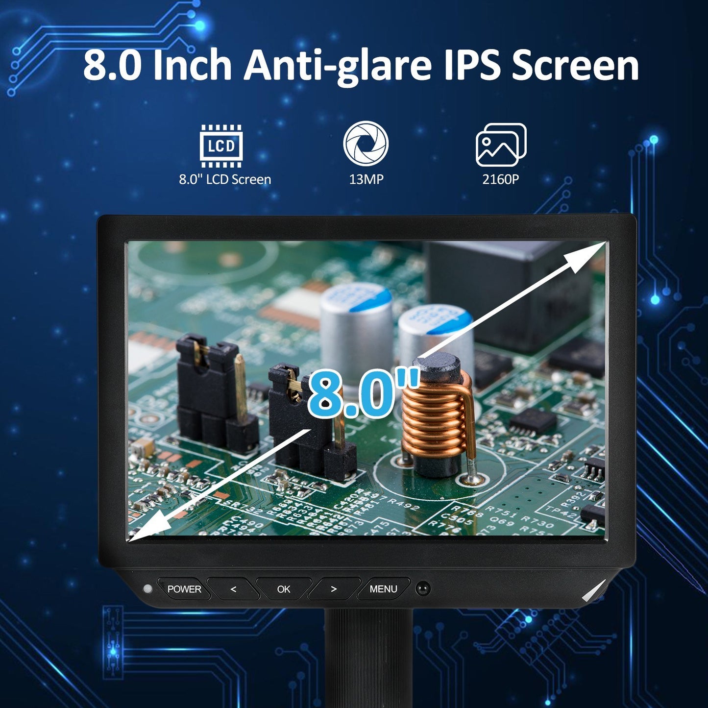 8 4K HD Video Microscope with 13MP Camera, Anti-glare IPS Screen, 1X-8X Zoom, USB for Android/iOS, Ideal for Soldering & Coin Collection