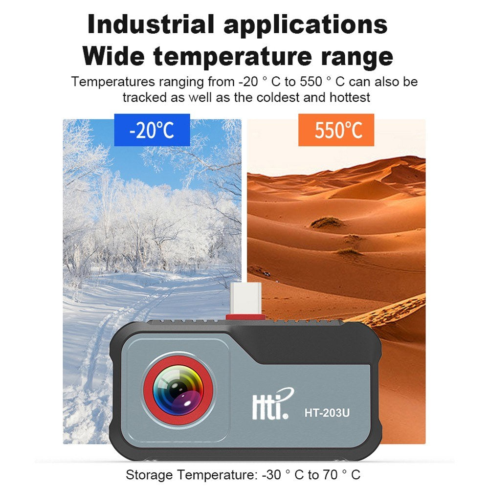 HT-203U Mobile Thermal Imager, 256x192 Pixels, -20℃ to 550℃, 25Hz Infrared Camera with Enhanced Details, 8 Color Palettes, 3 Languages