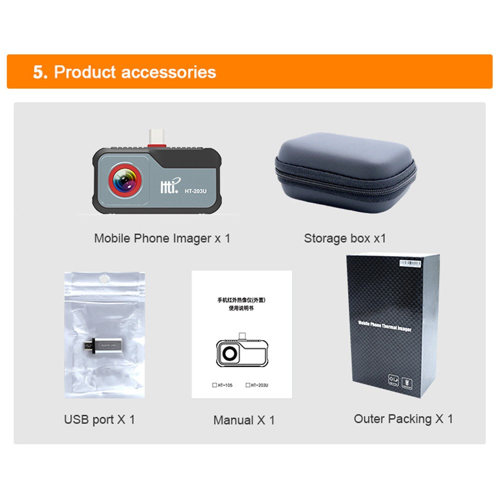 HT-203U Mobile Thermal Imager, 256x192 Pixels, -20℃ to 550℃, 25Hz Infrared Camera with Enhanced Details, 8 Color Palettes, 3 Languages