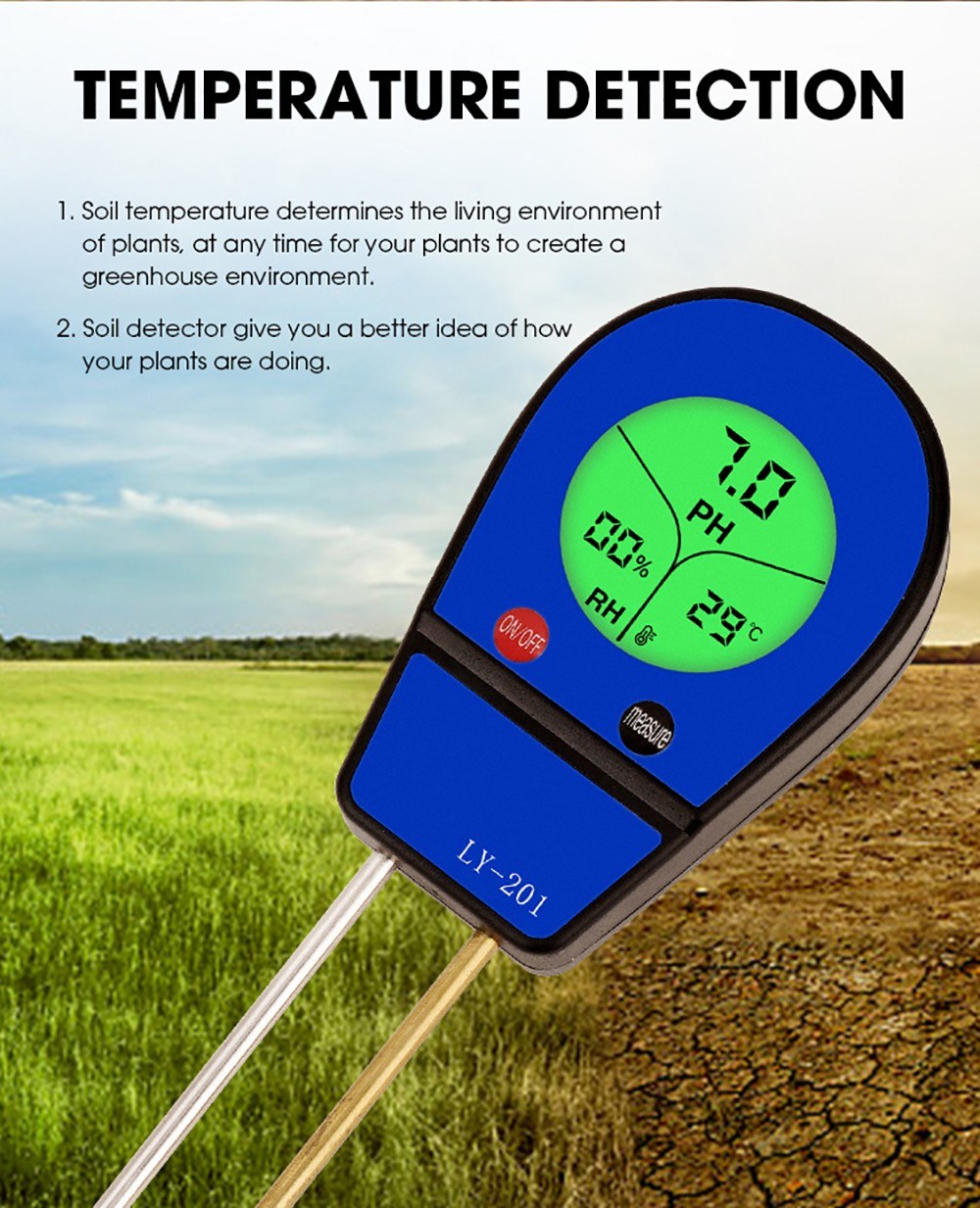 3-in-1 Soil pH, Moisture & Temperature Meter - Garden Sunlight & Humidity Sensor