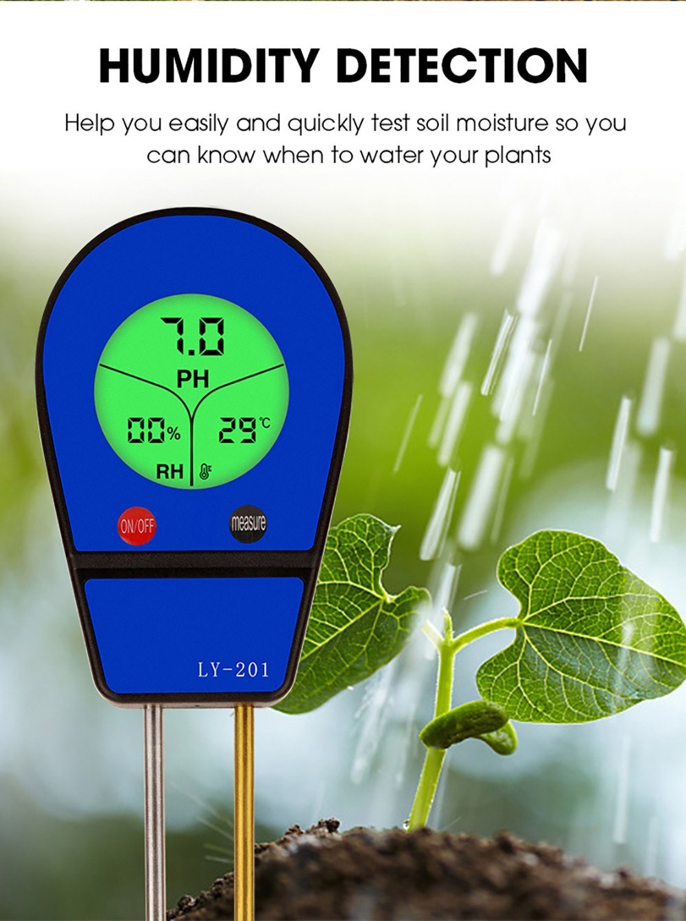 3-in-1 Soil pH, Moisture & Temperature Meter - Garden Sunlight & Humidity Sensor