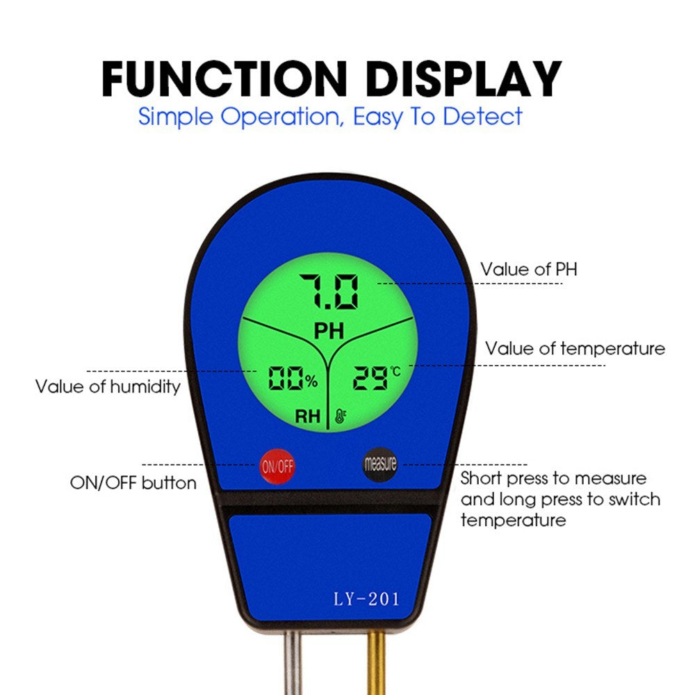 3-in-1 Soil pH, Moisture & Temperature Meter - Garden Sunlight & Humidity Sensor