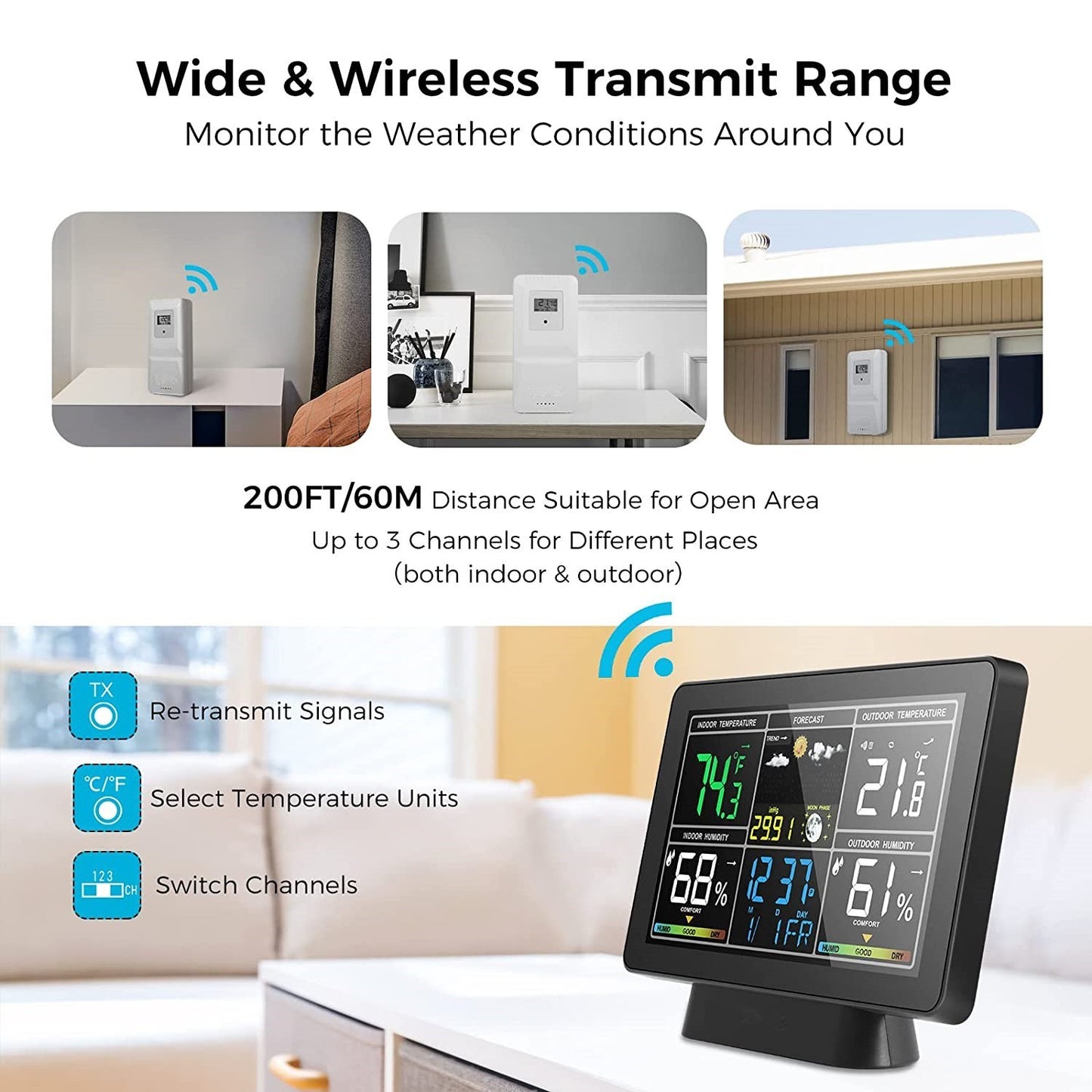 Smart Weather Station with Color Screen: Temperature & Humidity Meter, Moon Phase & Atmospheric Pressure Display, Radio Time Calibration (WWVB DCF MSF, DST Function)