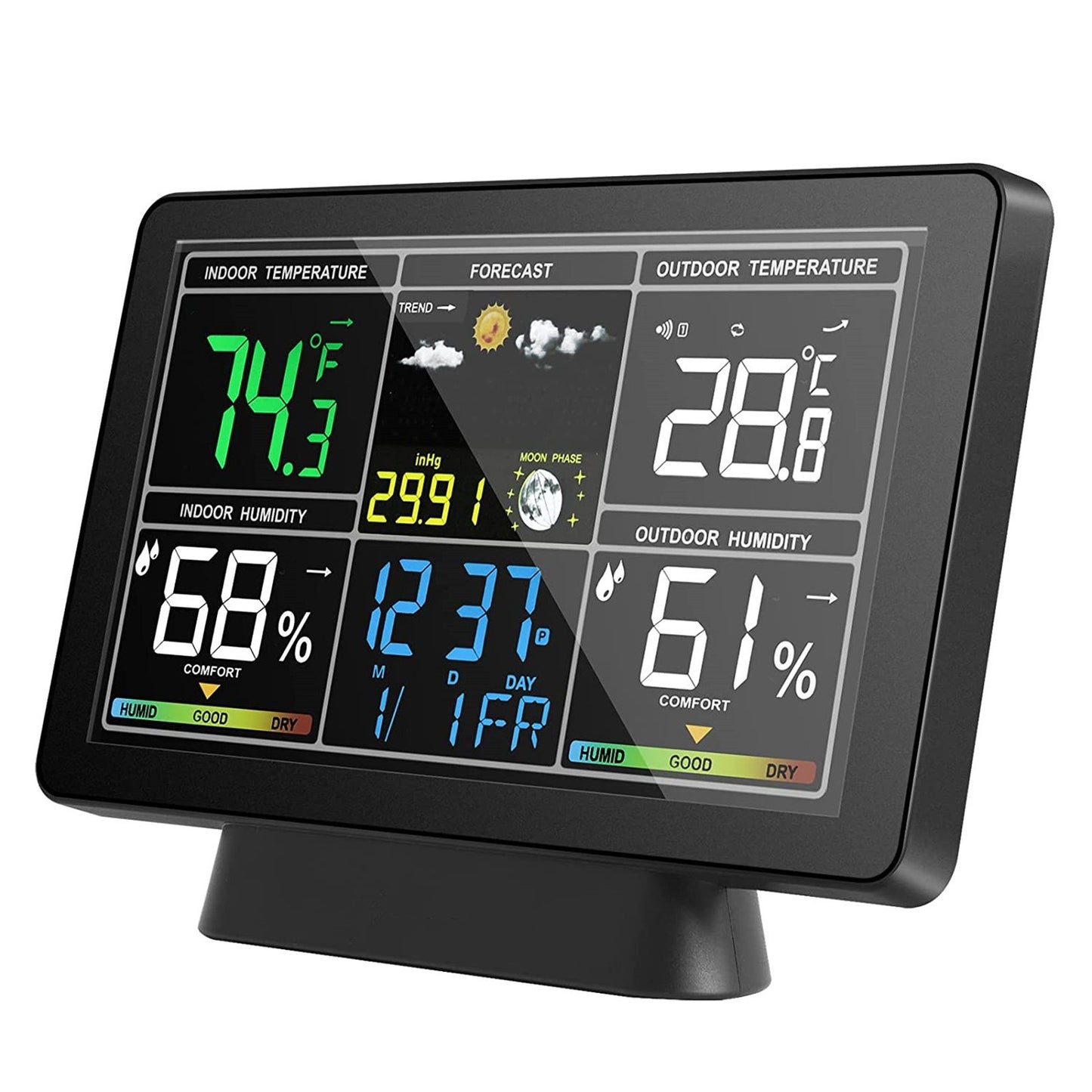 Smart Weather Station with Color Screen: Temperature & Humidity Meter, Moon Phase & Atmospheric Pressure Display, Radio Time Calibration (WWVB DCF MSF, DST Function)