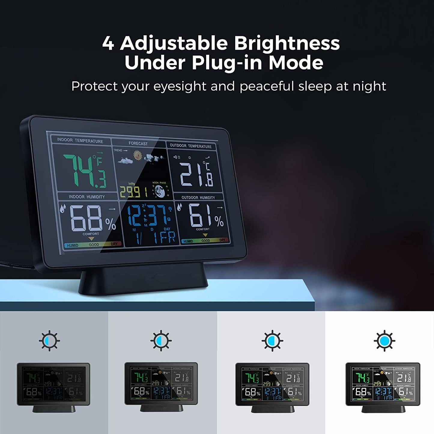 Smart Weather Station with Color Screen: Temperature & Humidity Meter, Moon Phase & Atmospheric Pressure Display, Radio Time Calibration (WWVB DCF MSF, DST Function)