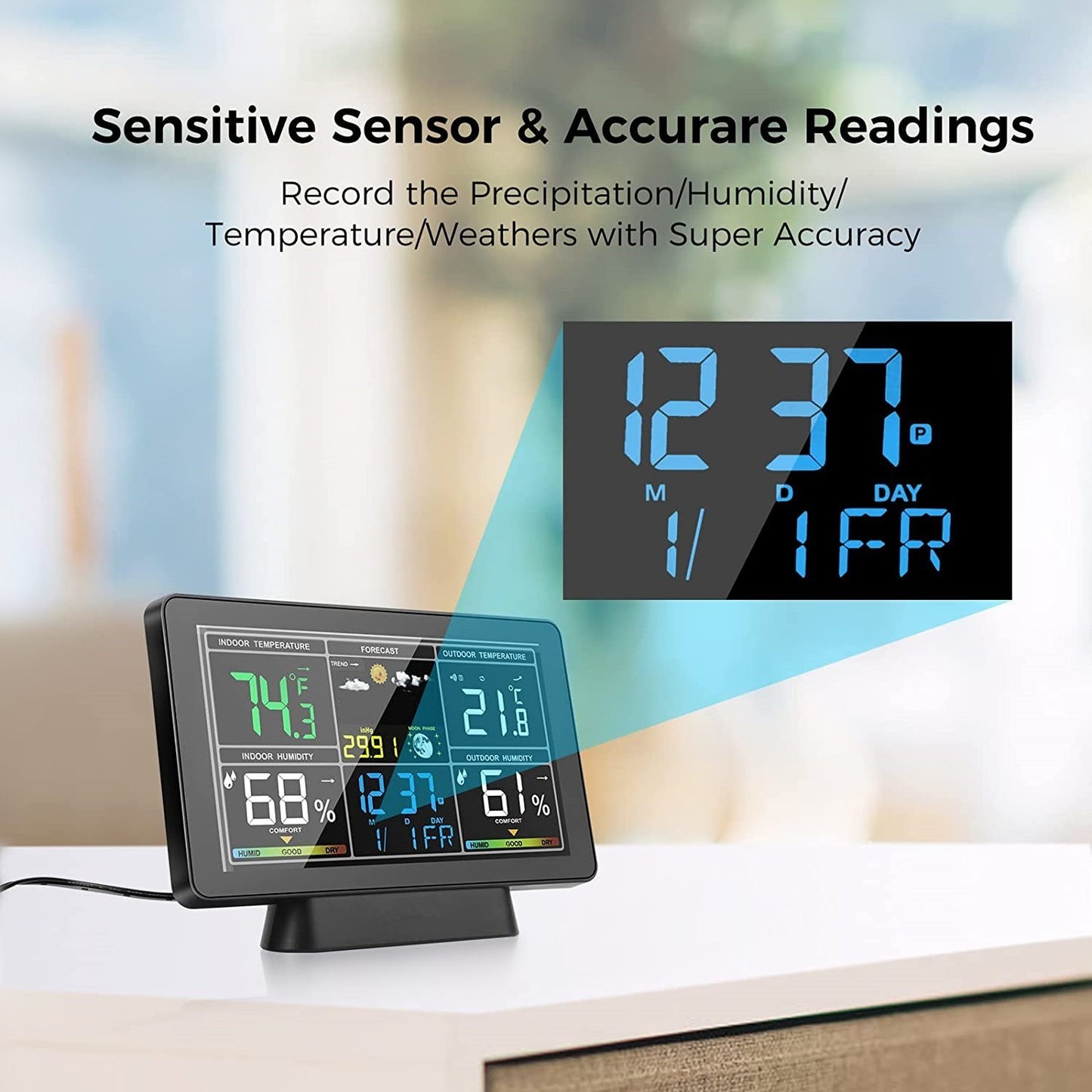 Smart Weather Station with Color Screen: Temperature & Humidity Meter, Moon Phase & Atmospheric Pressure Display, Radio Time Calibration (WWVB DCF MSF, DST Function)