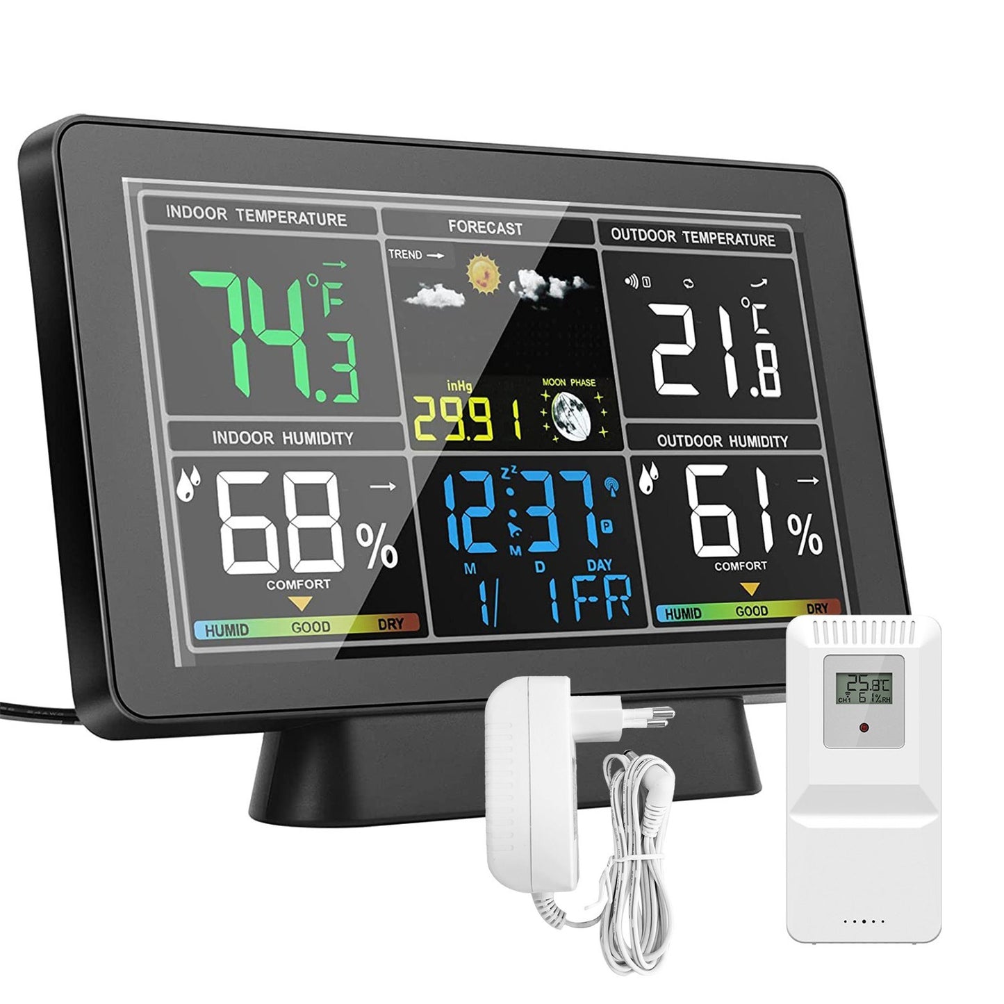 Smart Weather Station with Color Screen: Temperature & Humidity Meter, Moon Phase & Atmospheric Pressure Display, Radio Time Calibration (WWVB DCF MSF, DST Function)