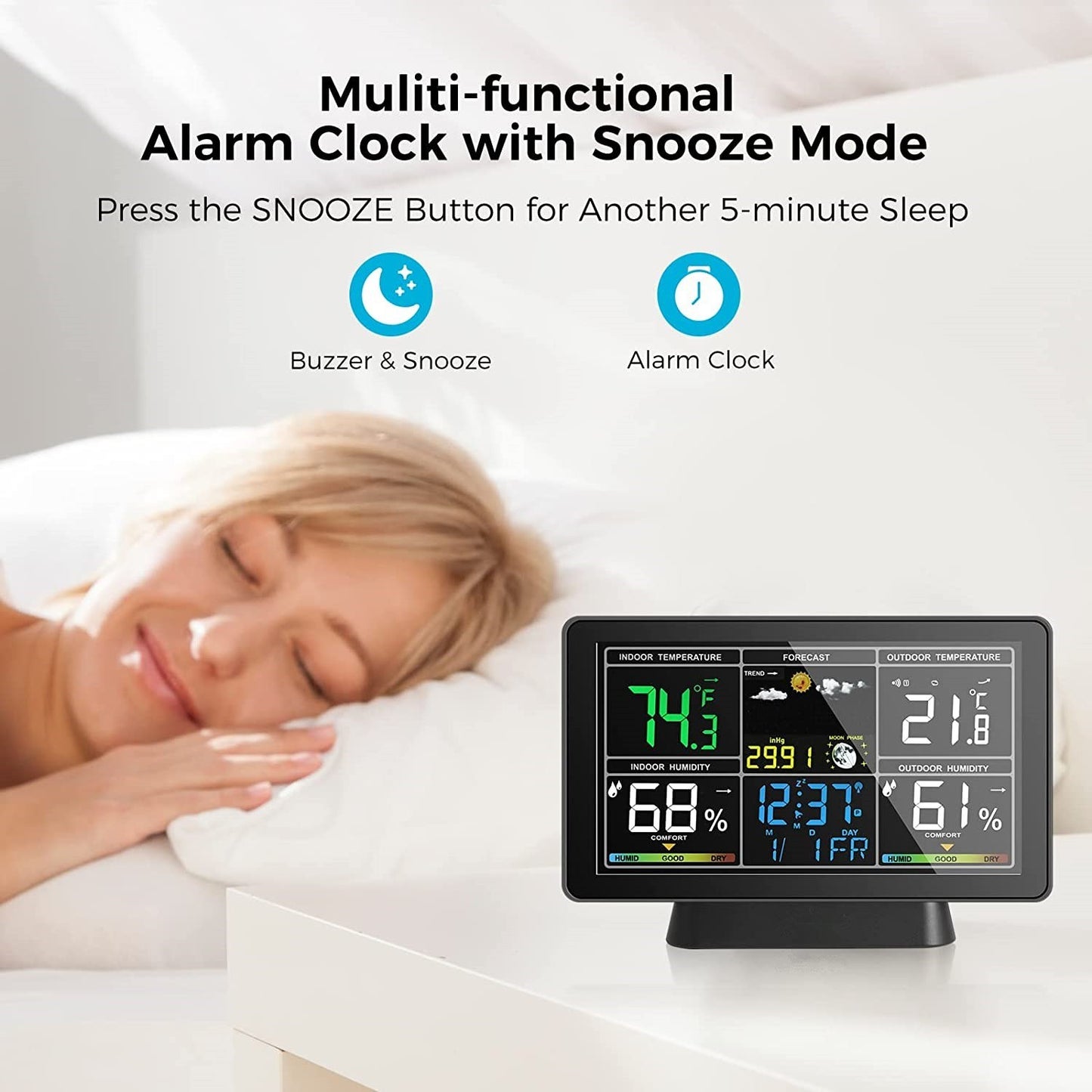 Smart Weather Station with Color Screen: Temperature & Humidity Meter, Moon Phase & Atmospheric Pressure Display, Radio Time Calibration (WWVB DCF MSF, DST Function)
