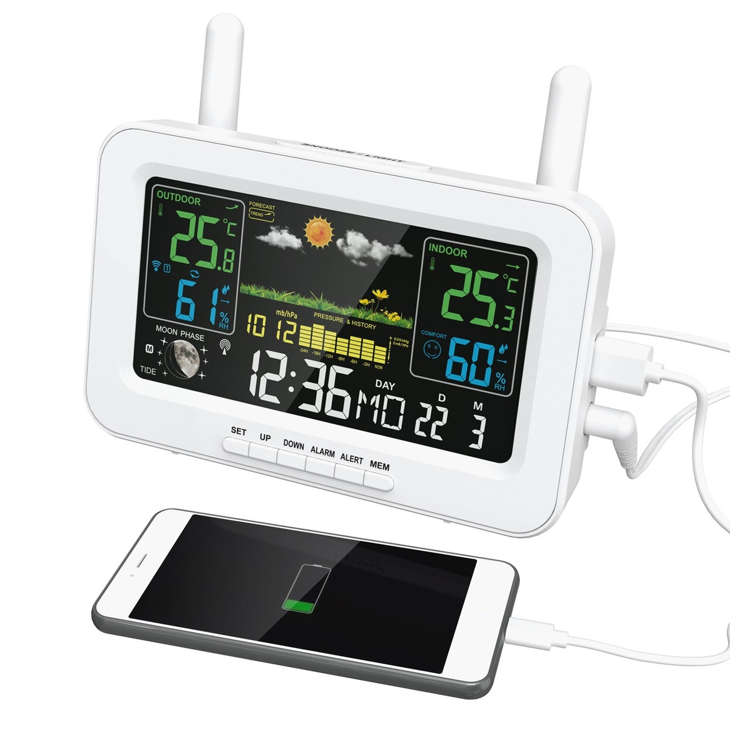Smart Weather Station with Color Display, USB Output, Temperature & Humidity Meter, Weather Clock (WWVB DCF MSF, DST Function)