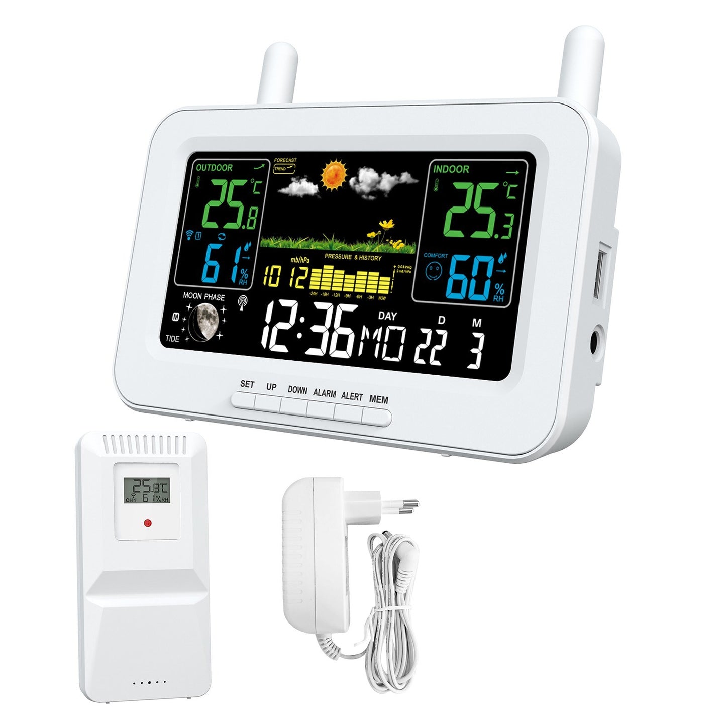 Smart Weather Station with Color Display, USB Output, Temperature & Humidity Meter, Weather Clock (WWVB DCF MSF, DST Function)