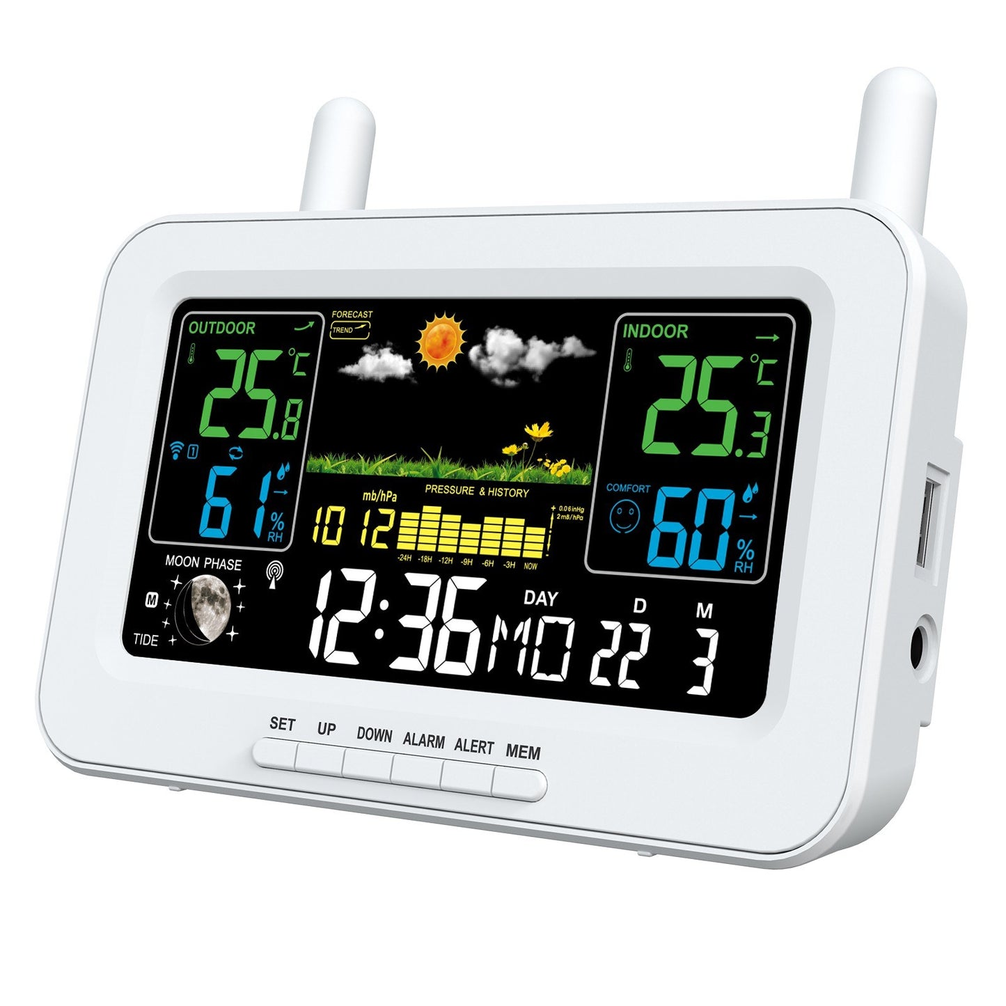 Smart Weather Station with Color Display, USB Output, Temperature & Humidity Meter, Weather Clock (WWVB DCF MSF, DST Function)