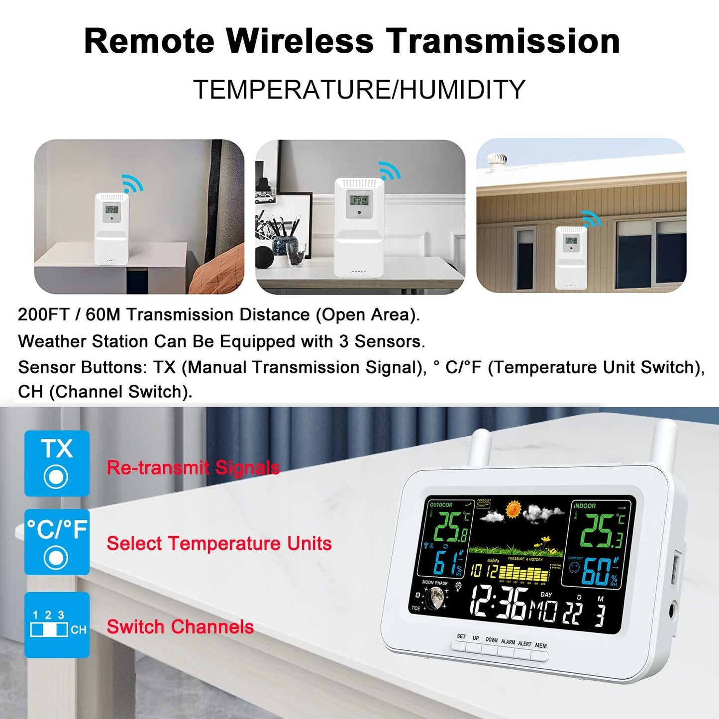Smart Weather Station with Color Display, USB Output, Temperature & Humidity Meter, Weather Clock (WWVB DCF MSF, DST Function)
