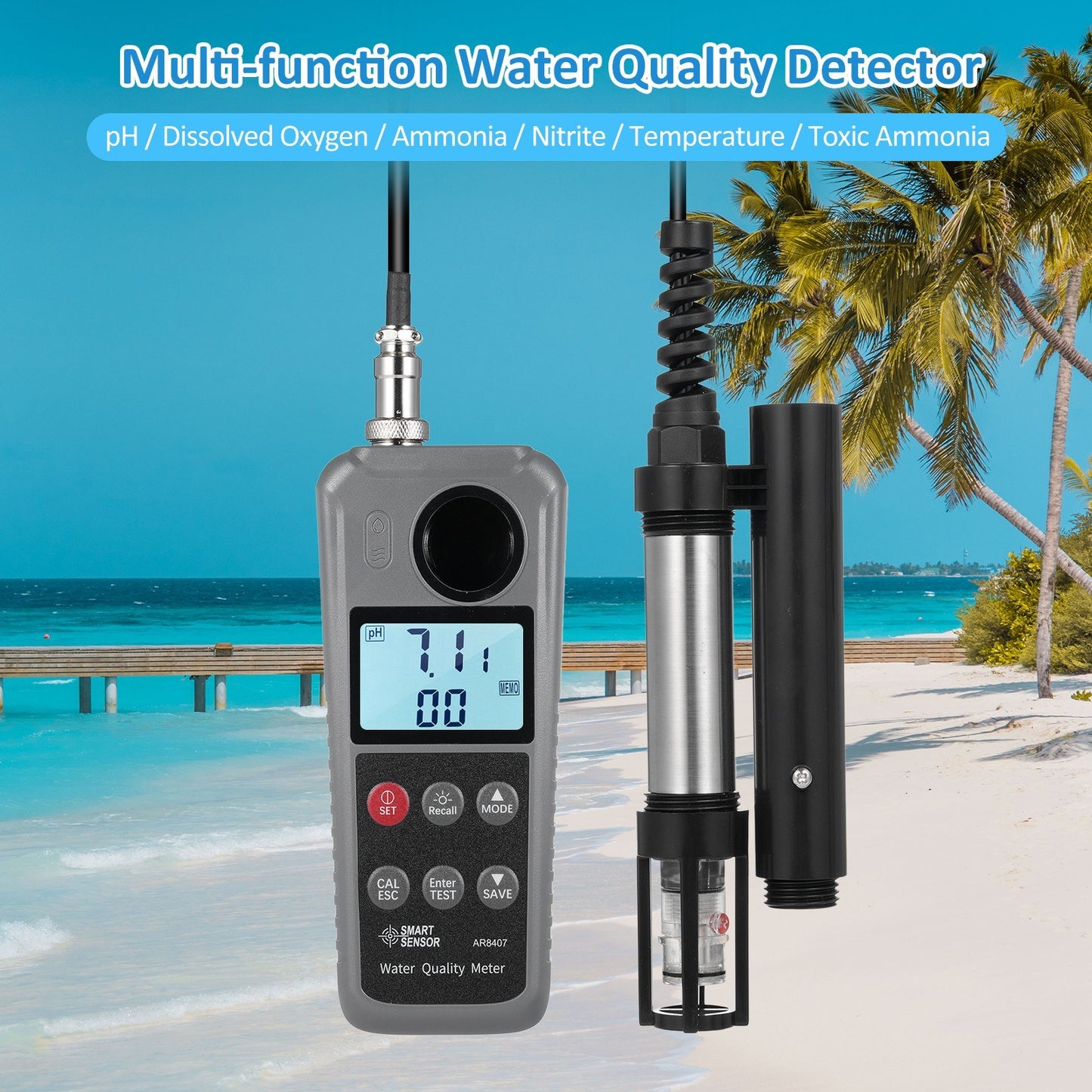 6-in-1 Digital Water Quality Monitor: Dissolved Oxygen, pH, Temperature, Ammonia Detection with DO Probe