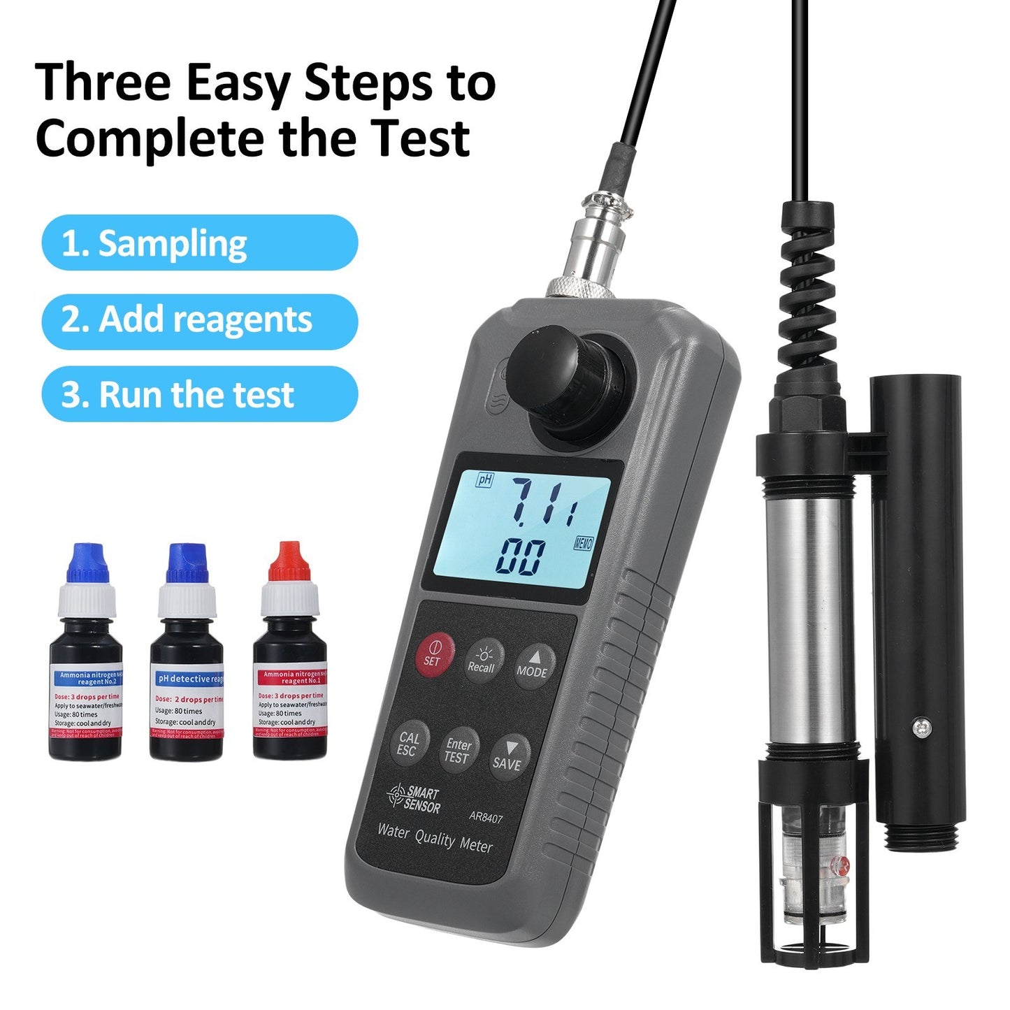 6-in-1 Digital Water Quality Monitor: Dissolved Oxygen, pH, Temperature, Ammonia Detection with DO Probe
