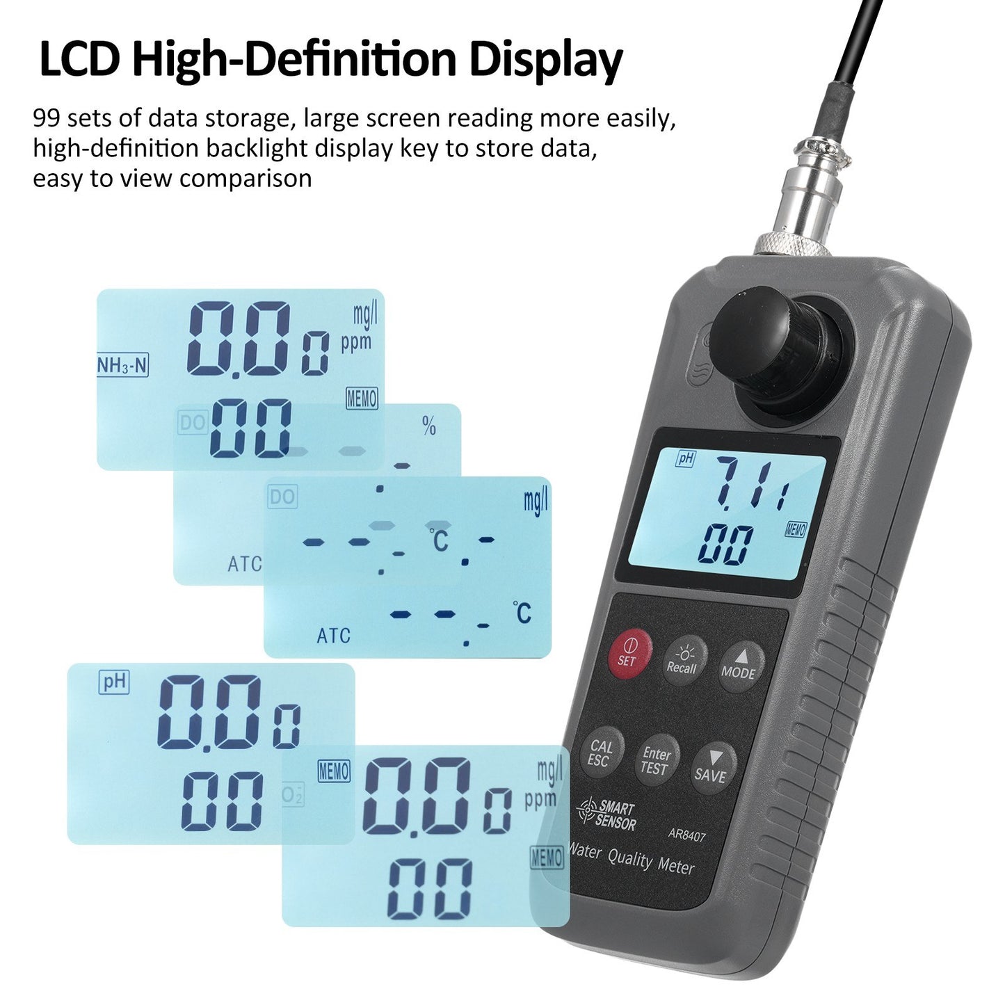 6-in-1 Digital Water Quality Monitor: Dissolved Oxygen, pH, Temperature, Ammonia Detection with DO Probe
