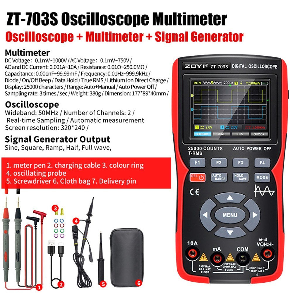 3-in-1 Digital Multimeter & Oscilloscope with 50MHz Bandwidth, 280MS/s Sampling Rate, PC Data Storage, Dual Channel Signal Generator (Standard Configuration)