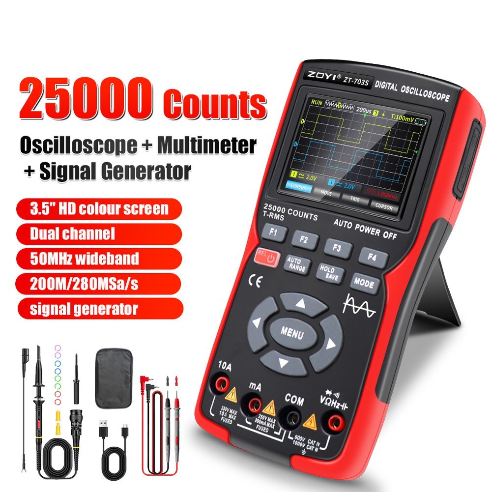 3-in-1 Digital Multimeter & Oscilloscope with 50MHz Bandwidth, 280MS/s Sampling Rate, PC Data Storage, Dual Channel Signal Generator (Standard Configuration)