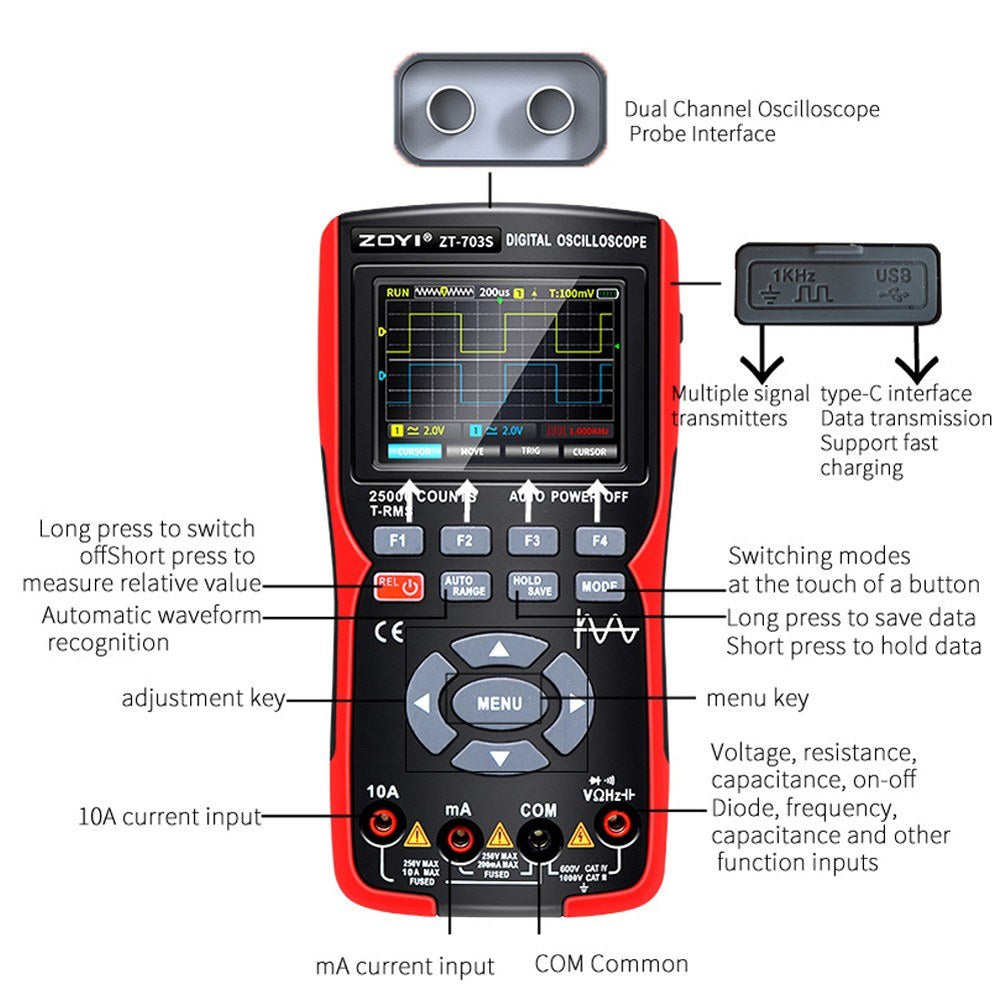 3-in-1 Digital Multimeter & Oscilloscope with 50MHz Bandwidth, 280MS/s Sampling Rate, PC Data Storage, Dual Channel Signal Generator (Standard Configuration)