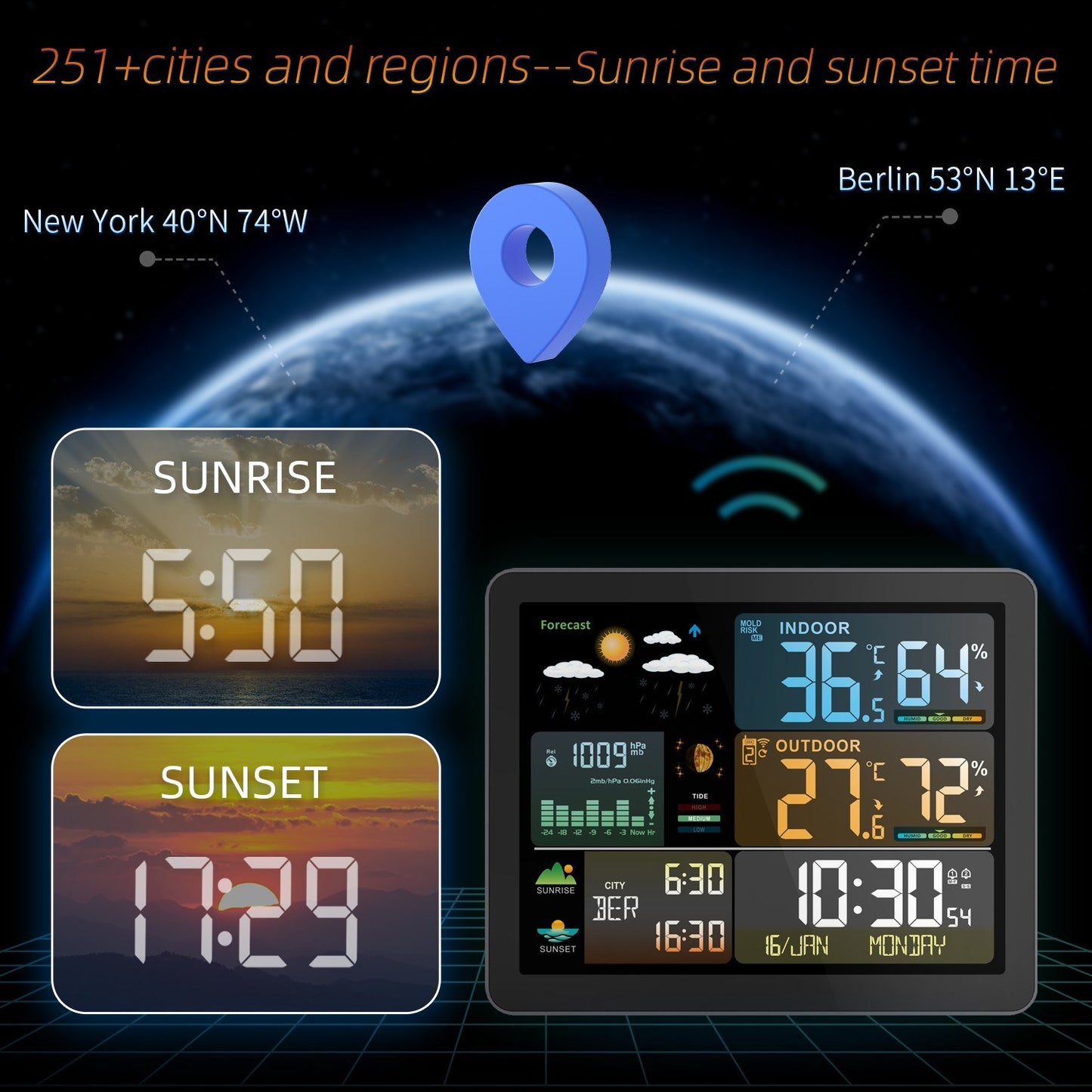 Smart Weather Station Clock with Large Color Screen & Indoor/Outdoor Temperature Humidity Meter - Model FJ3566M, 1 Sensor Included (Supports up to 3 Sensors)