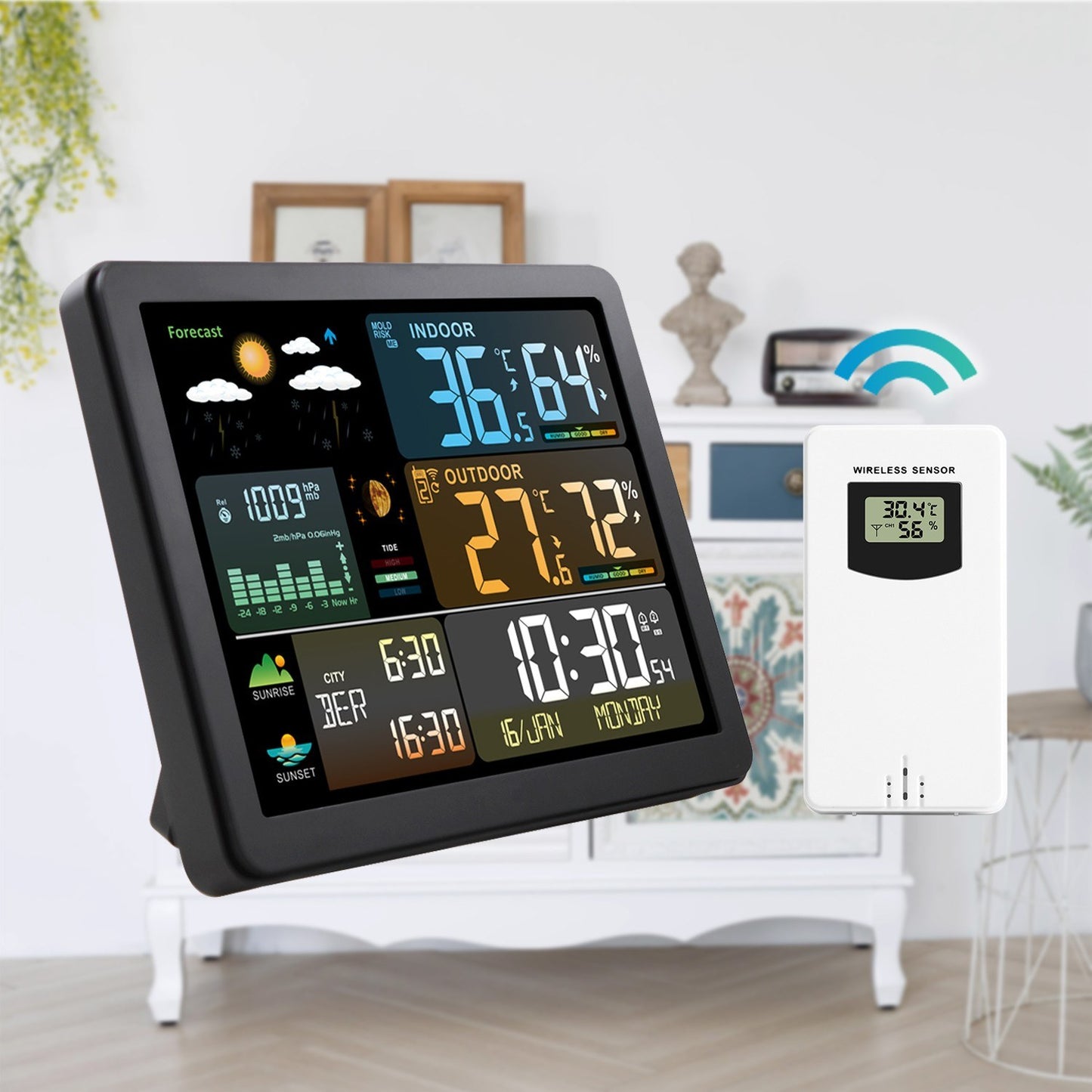 Smart Weather Station Clock with Large Color Screen & Indoor/Outdoor Temperature Humidity Meter - Model FJ3566M, 1 Sensor Included (Supports up to 3 Sensors)
